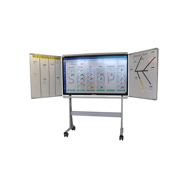 Support aluminium avec tableau rabattable pour E-MEETING 65'' sur roulettes
